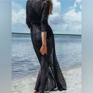 Beach Sweetie Black Lace Swim Cover Up Duster Sheer Maxi Boho Resort NWOT